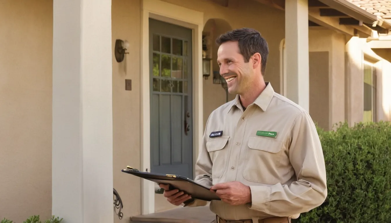 Homeowner talking with a pest control provider outside a stucco ranch home in Calabasas